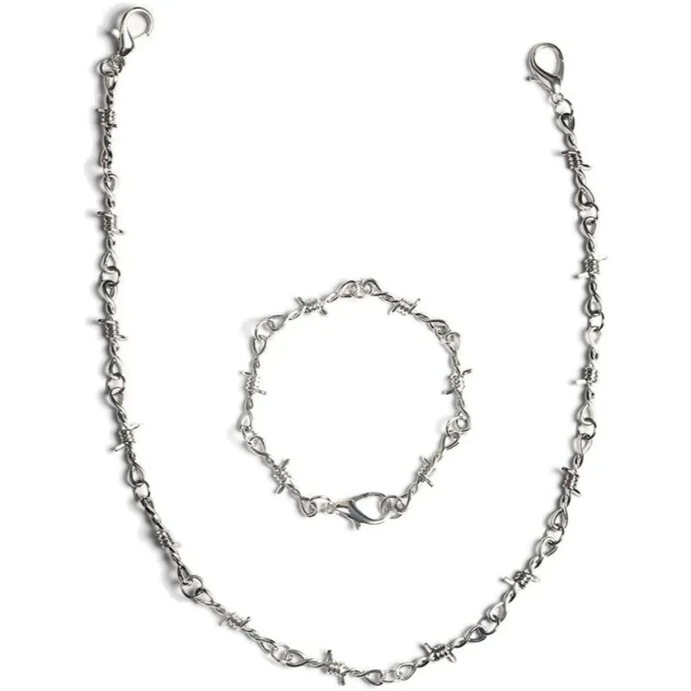 Punk Gothic Thorns Metal Barbed Wire Chain Necklace Bracelet Silver Jewelry for